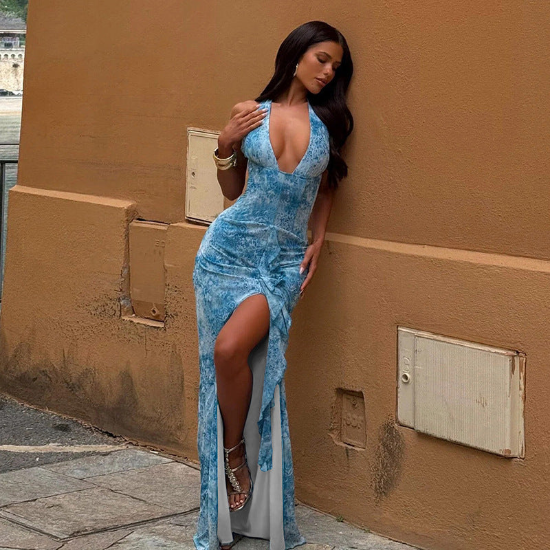 Contrast Color Slit Halter Neck Tie Slit Dress