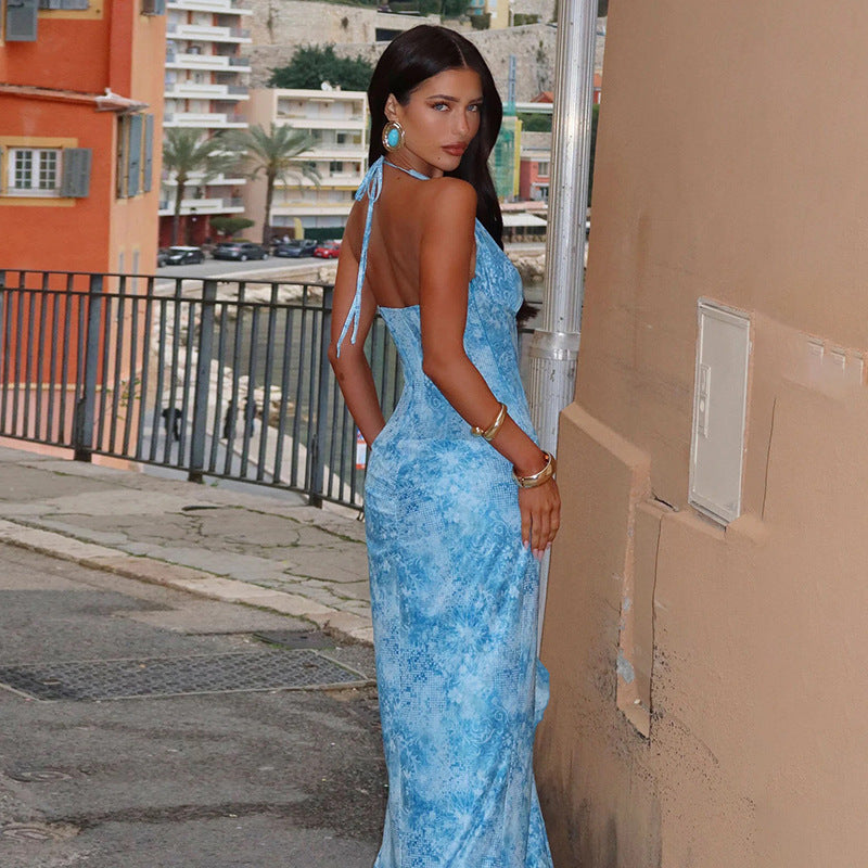 Contrast Color Slit Halter Neck Tie Slit Dress