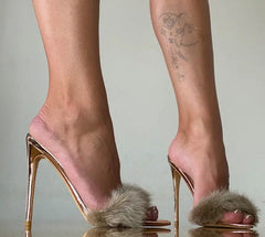 Furry Thin High Heeled Peep Toe Sandals