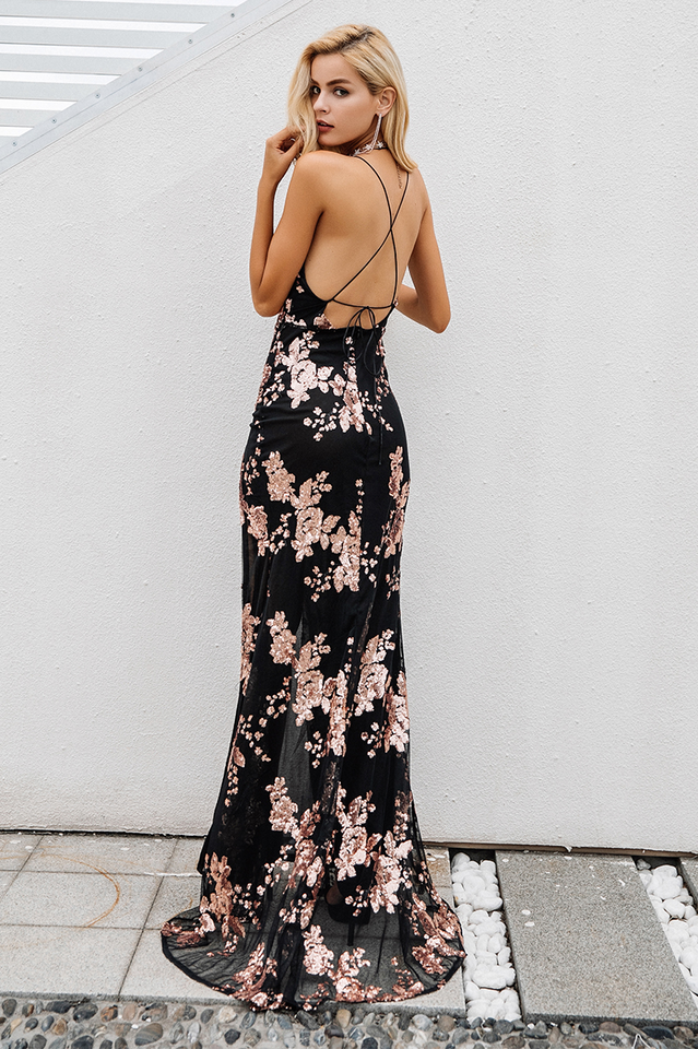 Sequin Halter Backless Split Cocktail Dress