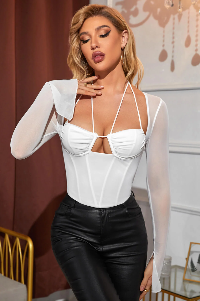 Tie Back Split Cuff Ruched Mesh Top
