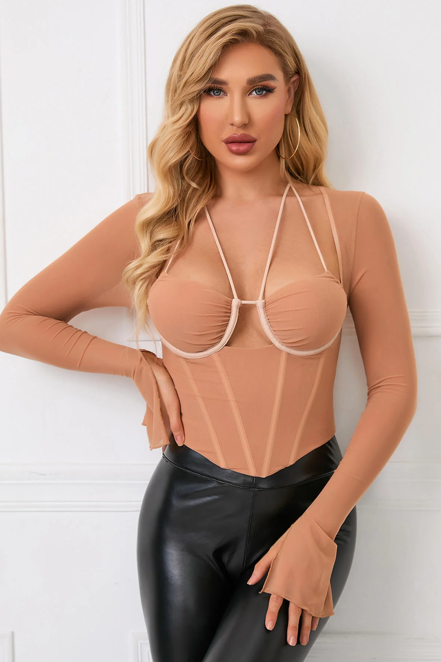 Tie Back Split Cuff Ruched Mesh Top