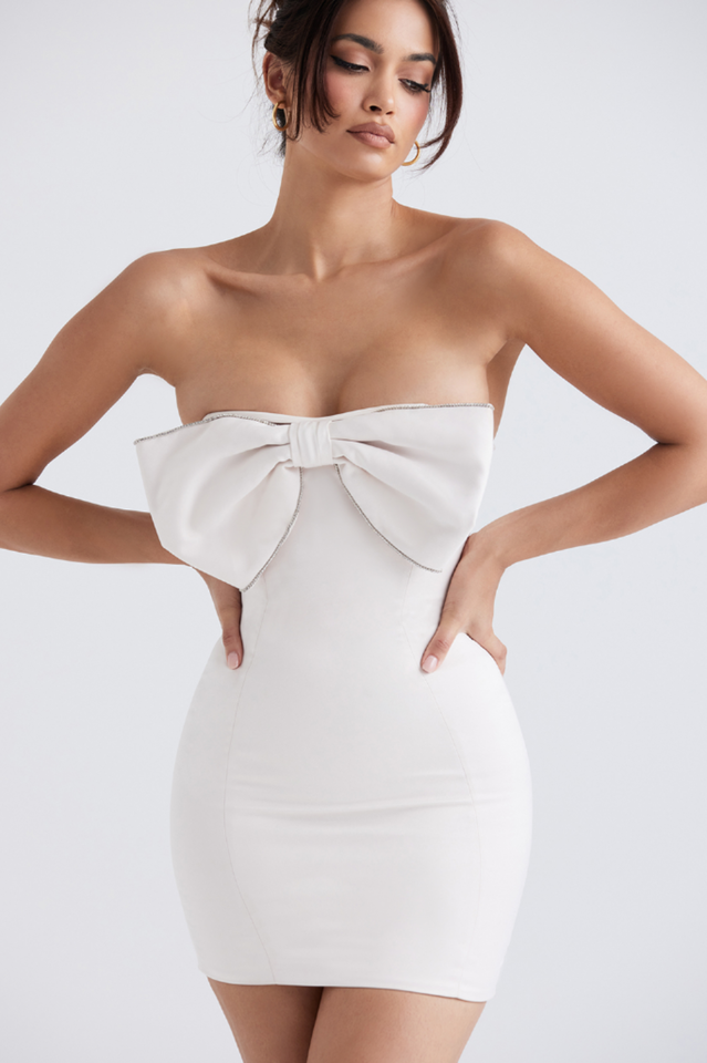 Ariella Ivory Satin Crystal Bow Dress