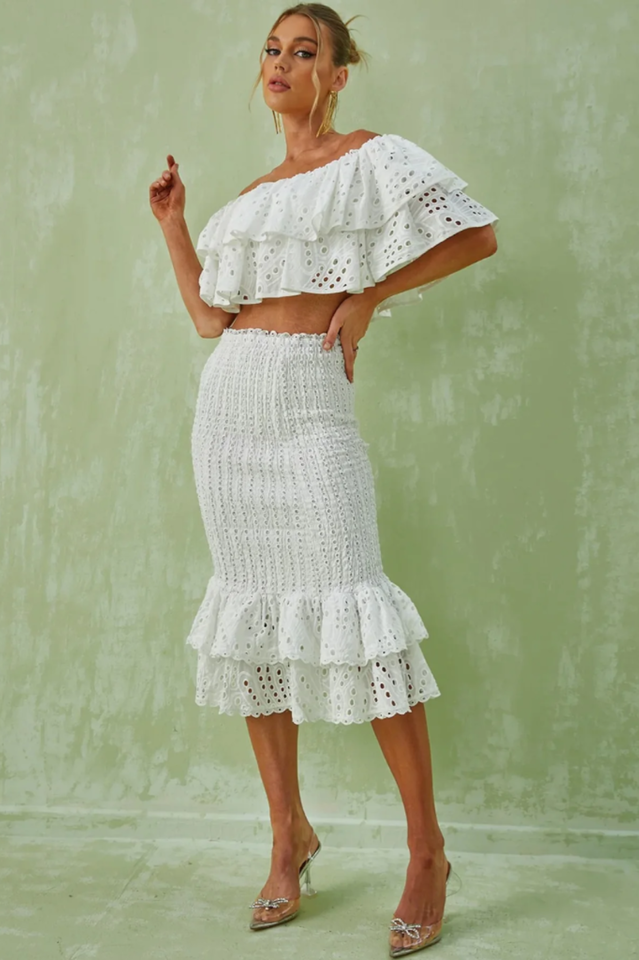 Embroidery Ruffle Blouse + Skirt Set