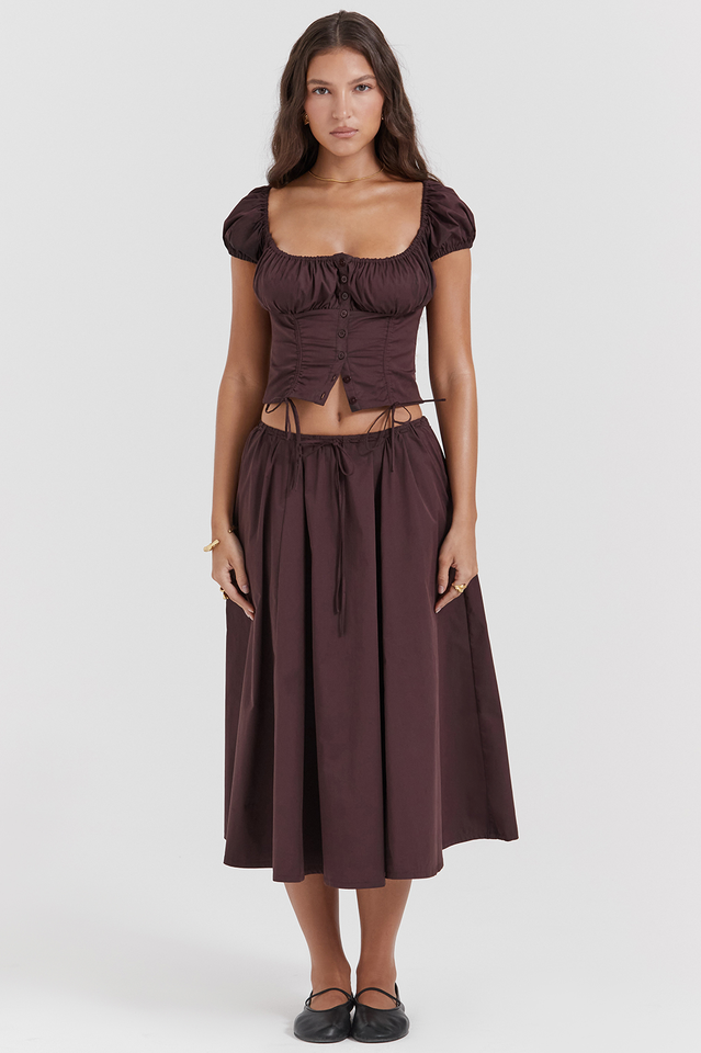 Kitty Rich Brown Gathered Top + Skirt Set