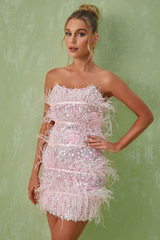 Senara Strapless Sequin Feather Mini Dress