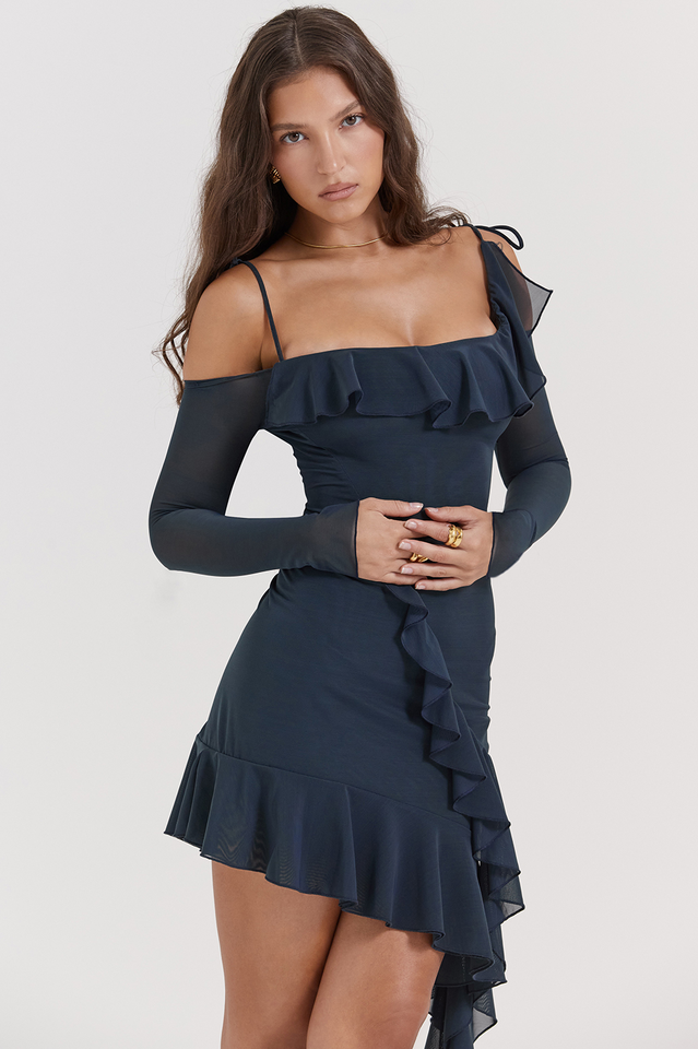 French Navy Ruffle Mini Dress