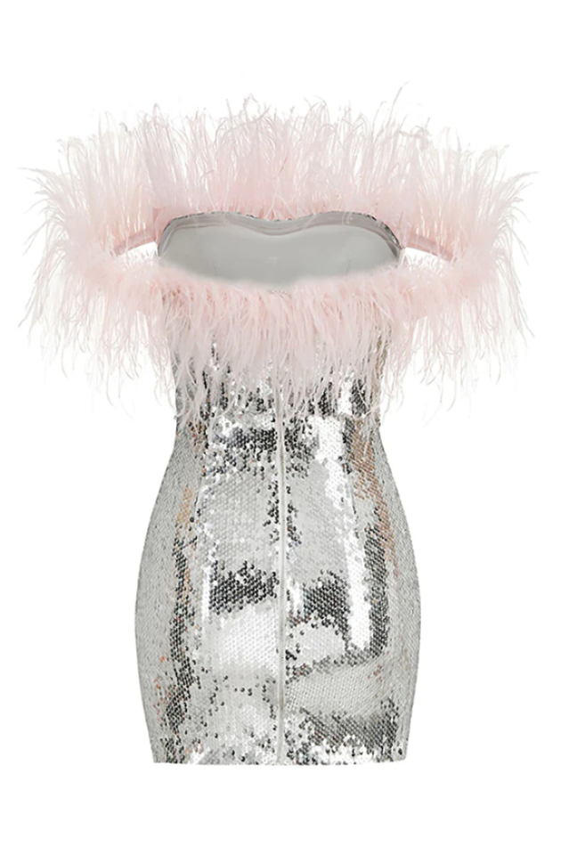 Eleni Off Shoulder Feather Sequin Dress