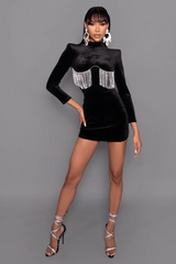 Black Crystal Fringe Velvet Mini Dress