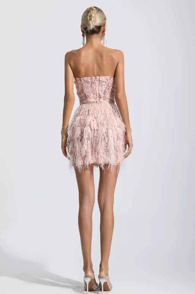 Lalia Pink Sequin Feather Mini Dress