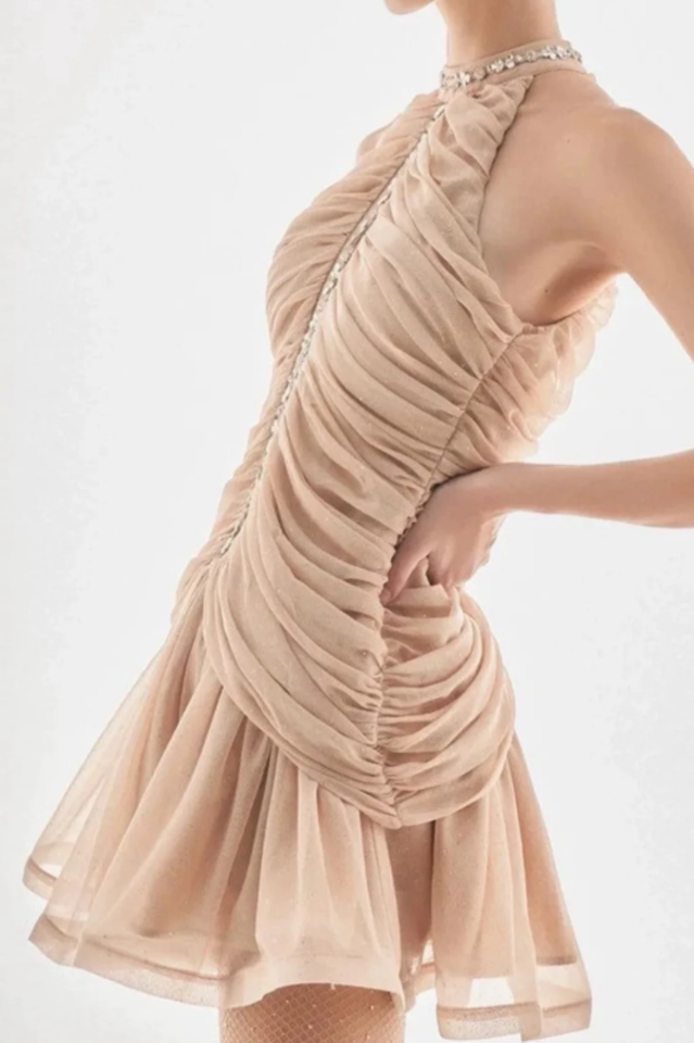 Draped Crystal Stone Detail Design Dress