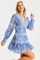 V-Neck Puff Sleeve Lace Mini Dress