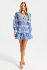 V-Neck Puff Sleeve Lace Mini Dress