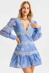 V-Neck Puff Sleeve Lace Mini Dress