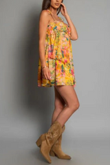 Chiffon Floral Print Empire Waist Mini Dress