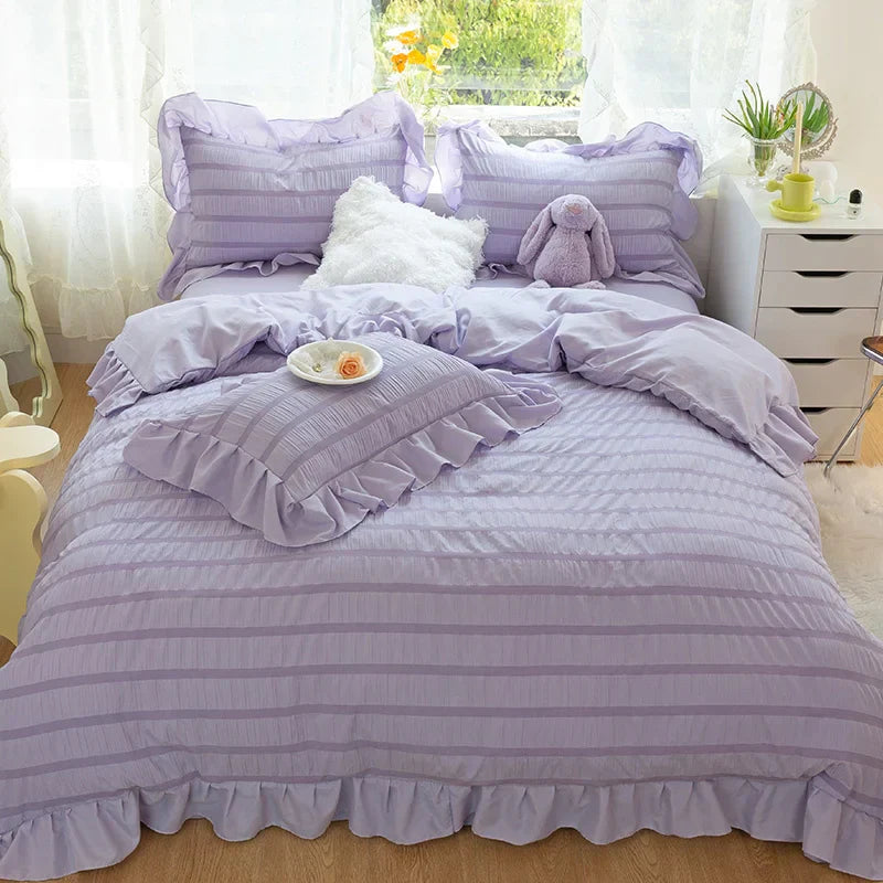 Purple Princess Bedding Set Duvet Cover Pillowcase Linens Twin Queen King Bed Sheet Set Luxury Solid Color Woman Girl Kawaii Set