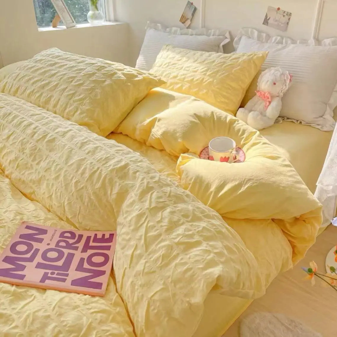Princess Bedding Set  French Style Wash Cotton Solid Color Seersucker Summer Soft 4New Bed Sheet Set Comforter Set