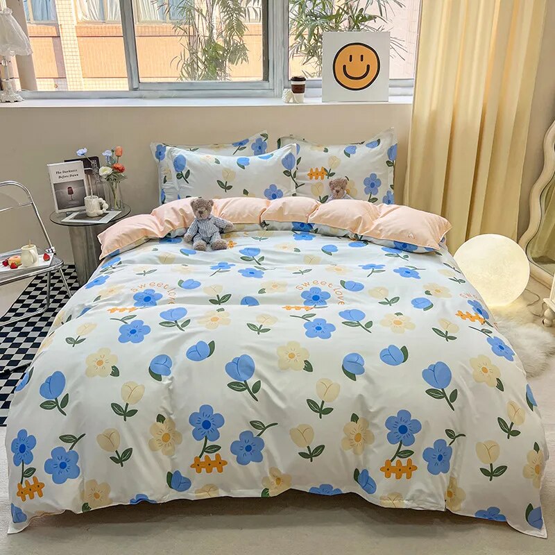  Floral Printed Duvet Cover Set with Sheet Pillowcases Warm Cute Cartoon Bed Linen Full Queen Size Home Gift Bedding Set