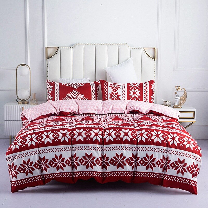 New 4pcs High Quality Skin Friendly Christmas Snowflake Bedroom Double Soft Bedding Set Sheet Quilt Cover Pillowcase