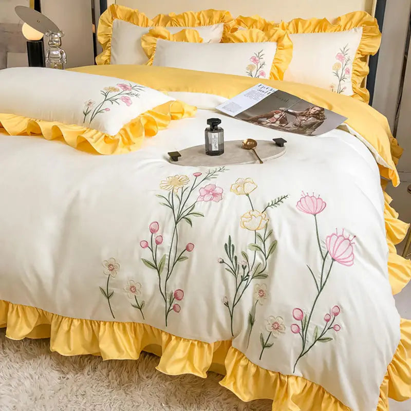 Washed Cotton Embroidery Bedroom Four-piece Set Full Quilt Cover Princess Style Queen Bed Sheet King Bedding Three-piece Bedding