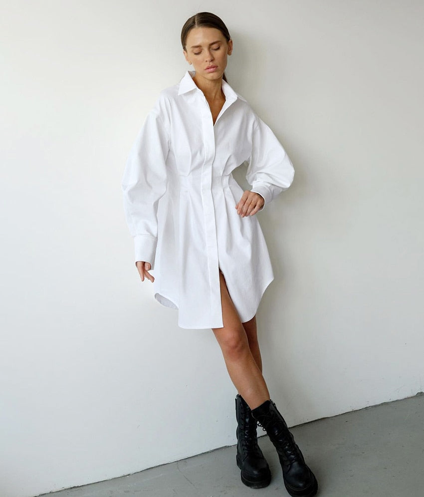 White Pleated Waist Mini Shirt Dress