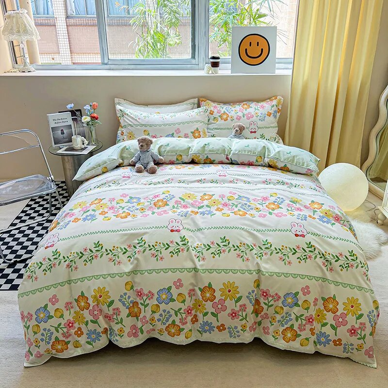  Floral Printed Duvet Cover Set with Sheet Pillowcases Warm Cute Cartoon Bed Linen Full Queen Size Home Gift Bedding Set