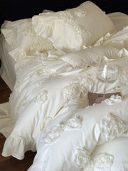 Princess Style 3D Flower Bedding Set 100 Thread Count Autumn and Winter Cotton Duvet Cover Solid White Quilt Covers with Ruffles