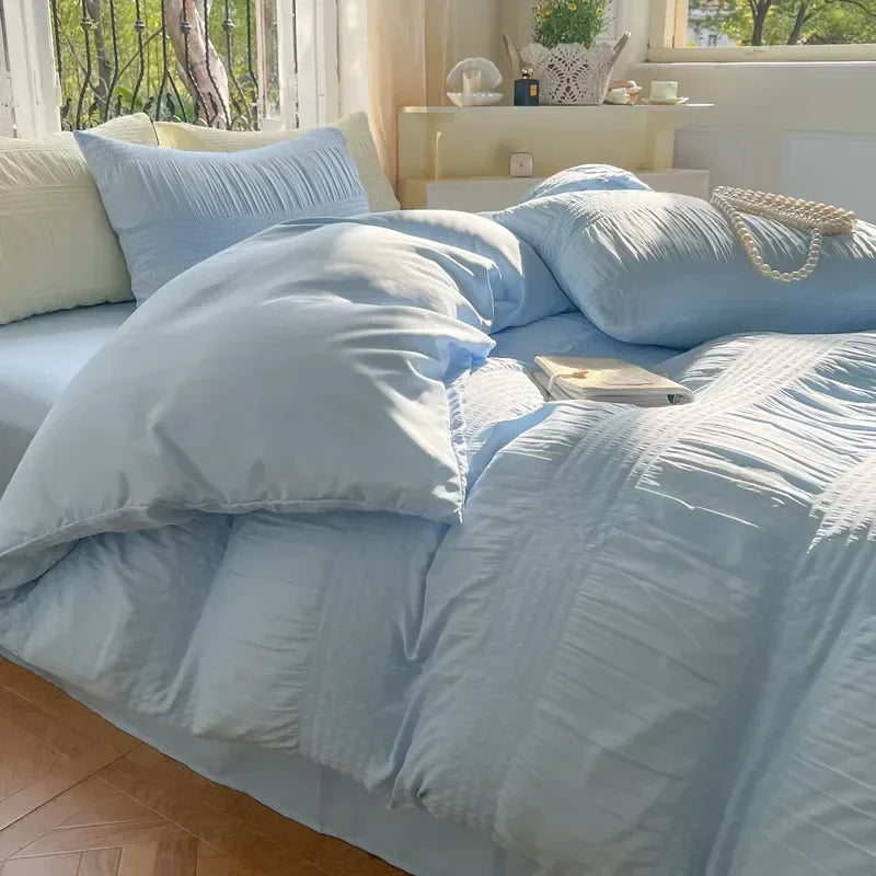 Korean Princess Seersucker Bedding Set Duvet Cover Flat Sheets Pillowcase Bed Sheet Set Soft Comforter Cover Bed Linens Set