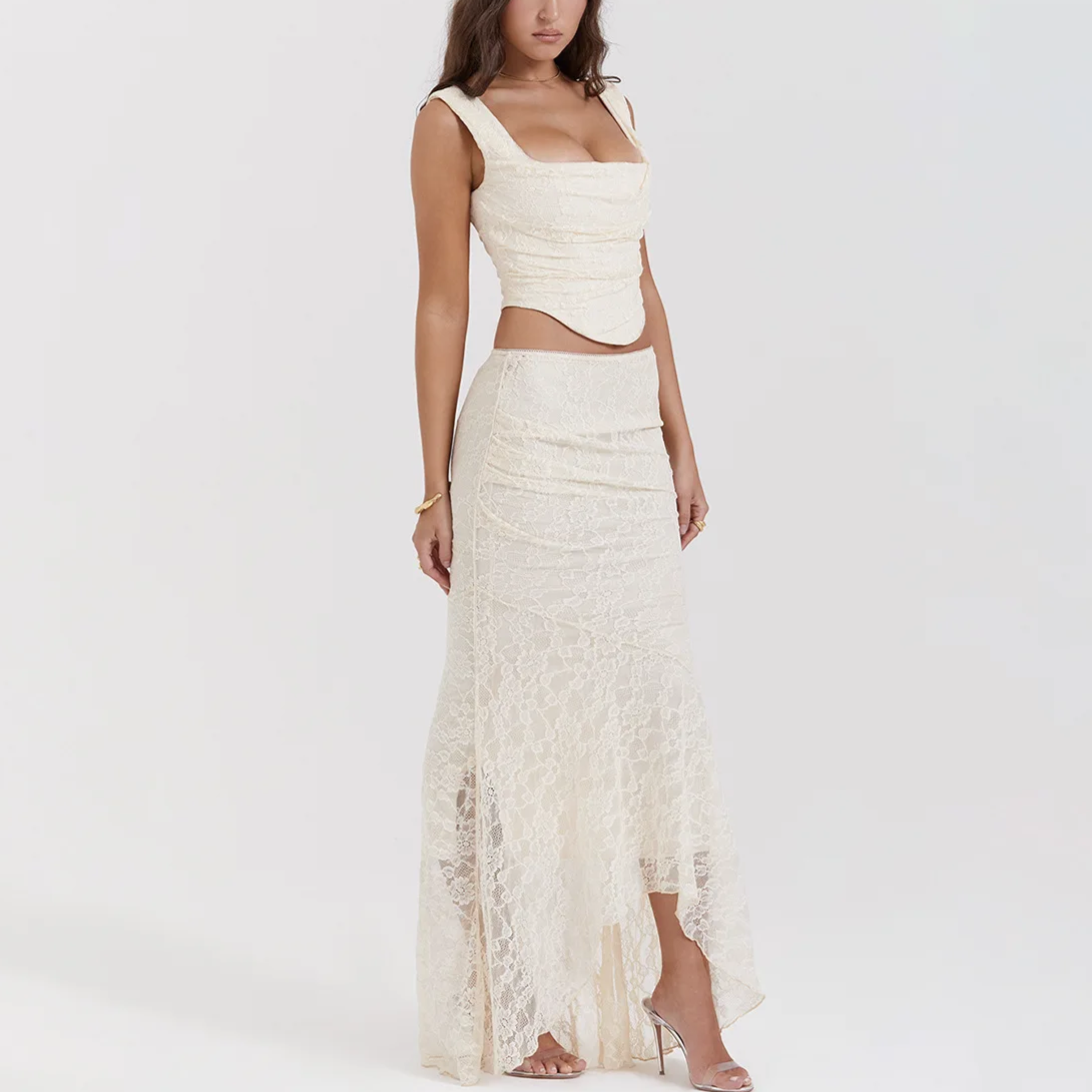 Cream Lace Details Midi Dress Set
