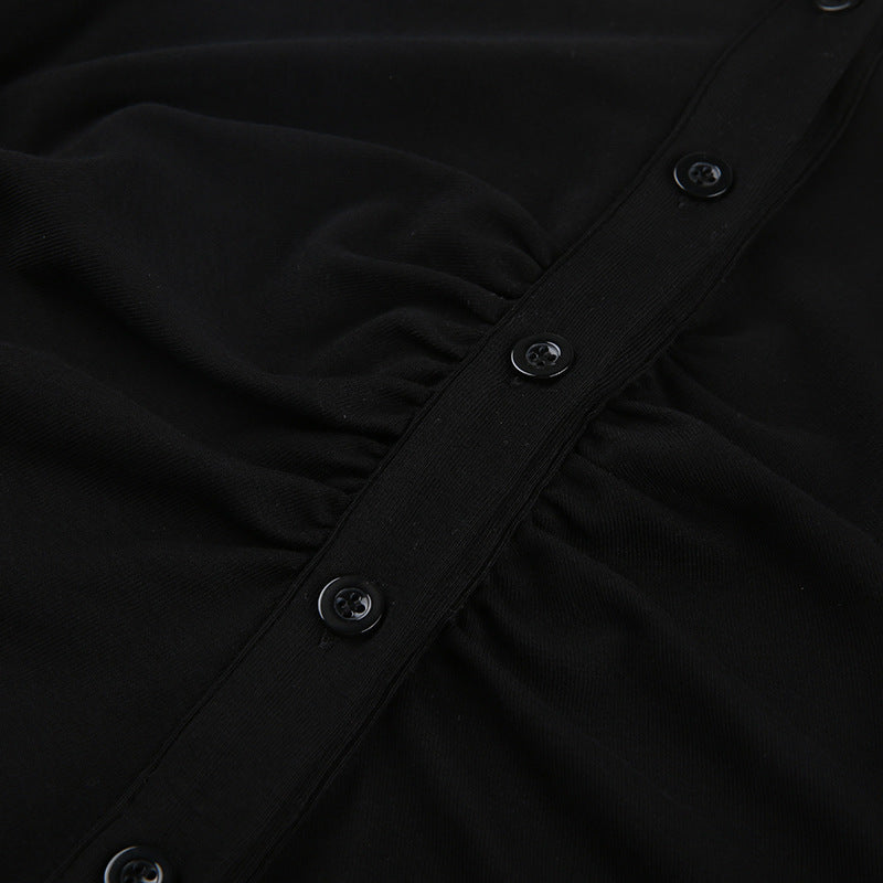 Black Ruched Button Up Slit Cuff Midi Dress