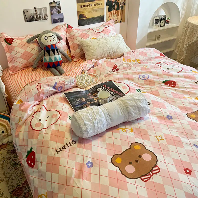 Nordic Pink Checkerboard Duvet Cover Sets With Pillowcases Flat Sheet Kids Girls Boys Full Queen Twin Size Kawaii Bedding Kit