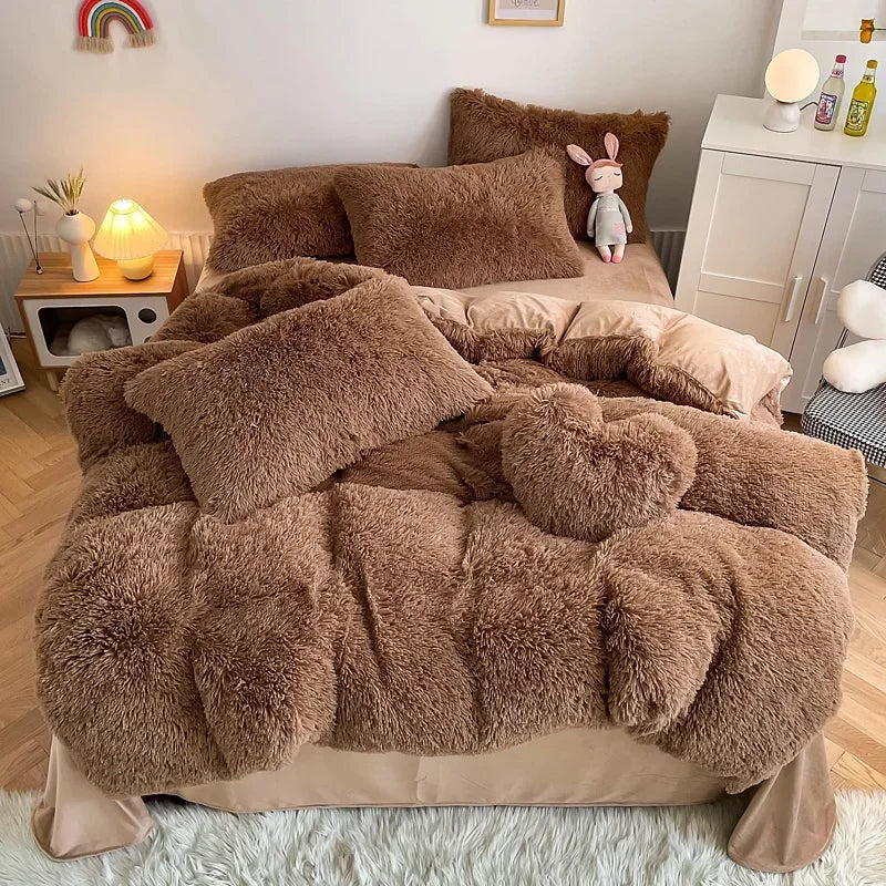 Plush Bedding Set Soft Fluffy Faux Fur Duvet Cover Sheet Pillowcase Fuzzy warm Bedlinens