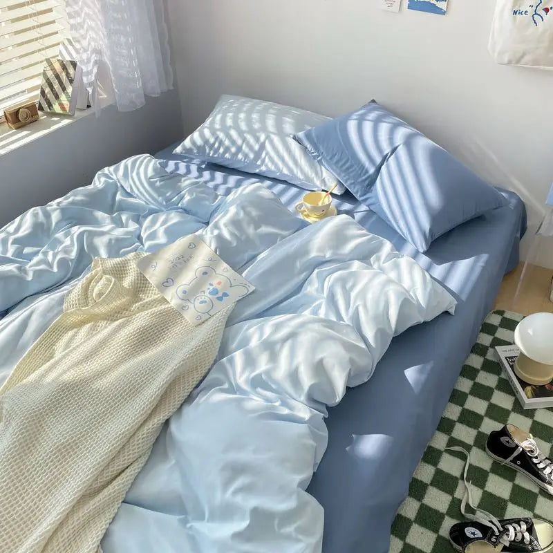 Korean Solid Color Bedding Set Adults Kids Twin Full Queen Size Soft Bed Flat Sheet Duvet Cover Set Pillowcases Simple Bed Linen