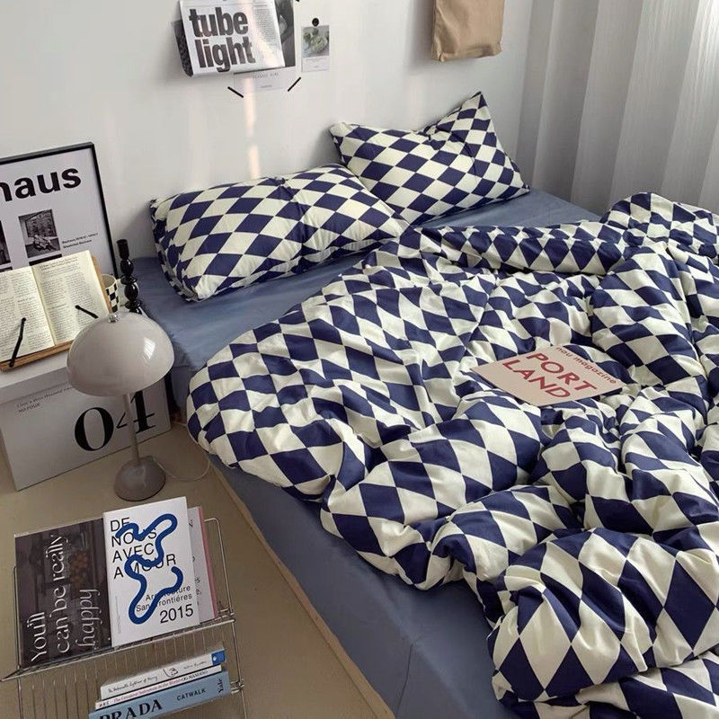 King Size Bedding Set with Quilt Cover Flat Sheet Pillowcase Kids Girls Boys Checkerboard Pinted Single Double Bed Linen