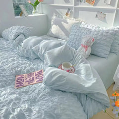 Princess Bedding Set  French Style Wash Cotton Solid Color Seersucker Summer Soft 4New Bed Sheet Set Comforter Set