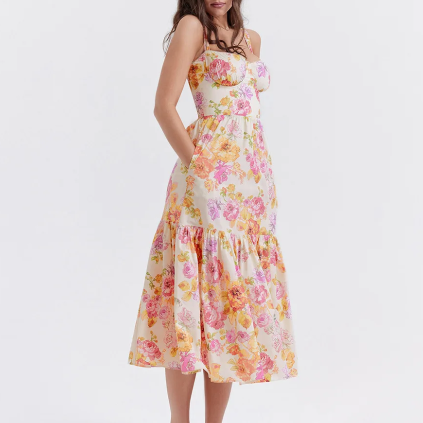Cream White Floral Layered Midi A-Line Dress