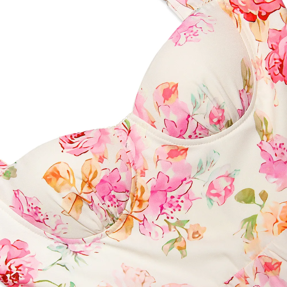 Cream White Floral Layered Midi A-Line Dress