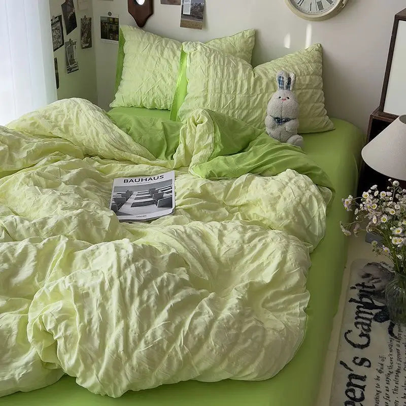 Seersucker Princess Girls Bedding Set Duvet Cover Korean Four PIECE  Washed Cotton Bed Sheet  Cover Quilt Set