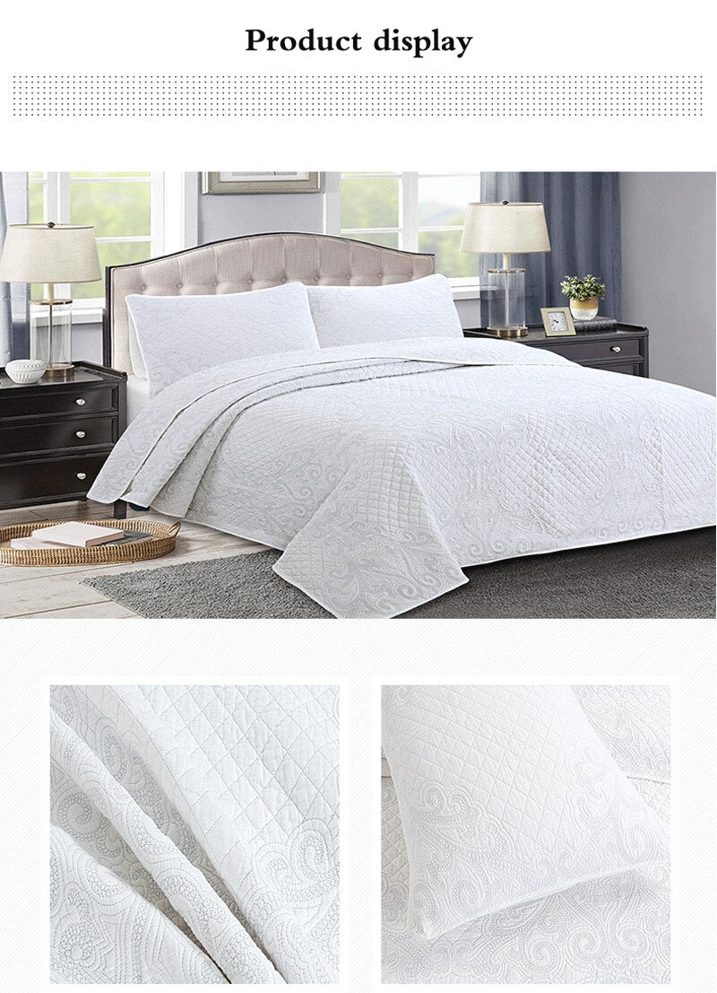 Double Cover Embroidered Pure White 3 Piece Quilted Quilt Pillowcase Free Shipping len?ol de cama casal
