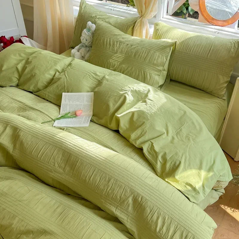Korean Princess Seersucker Bedding Set Duvet Cover Flat Sheets Pillowcase Bed Sheet Set Soft Comforter Cover Bed Linens Set