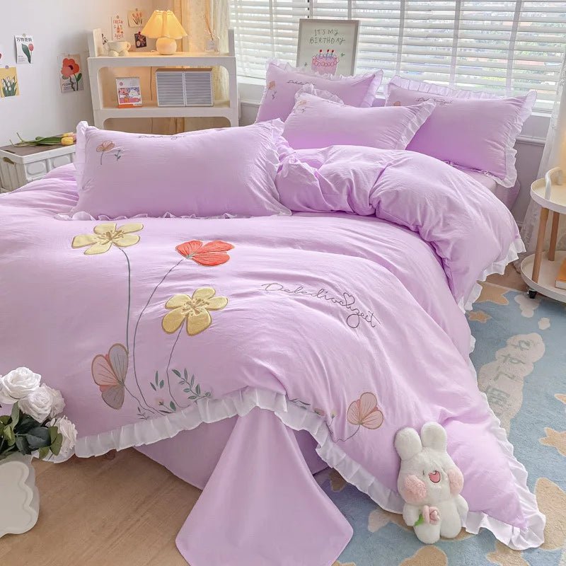 Ins Korean Style Bedding Set with Ruffles Princess Duvet Cover No Filling Flat Sheet Pillowcases Kit Girls Blue Pink Solid Color