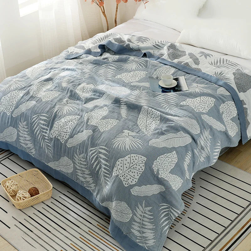 Textile City Patterned Leaves Yellow Cotton Gauze Throw Blanket 5-layer Gauze Towel Quilt Soft Comfy Home Blanket 200x230cm
