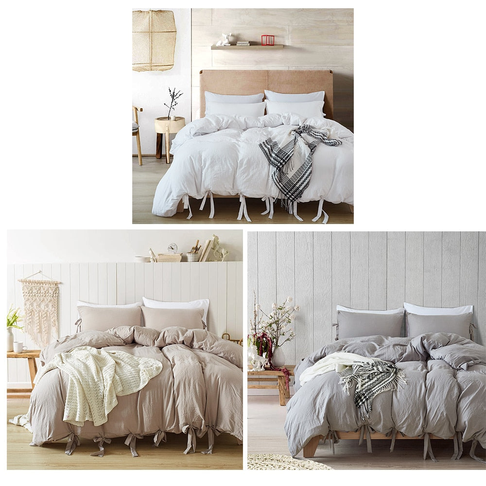 Unique Lace Up Design Thickened Washed Cotton Queen Bed King Size Bedding Sets Duvet Cover with Pillowcases No Sheets