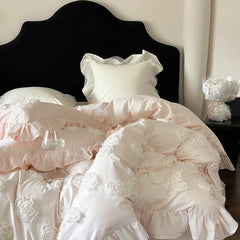 Princess Style 3D Flower Bedding Set 100 Thread Count Autumn and Winter Cotton Duvet Cover Solid White Quilt Covers with Ruffles