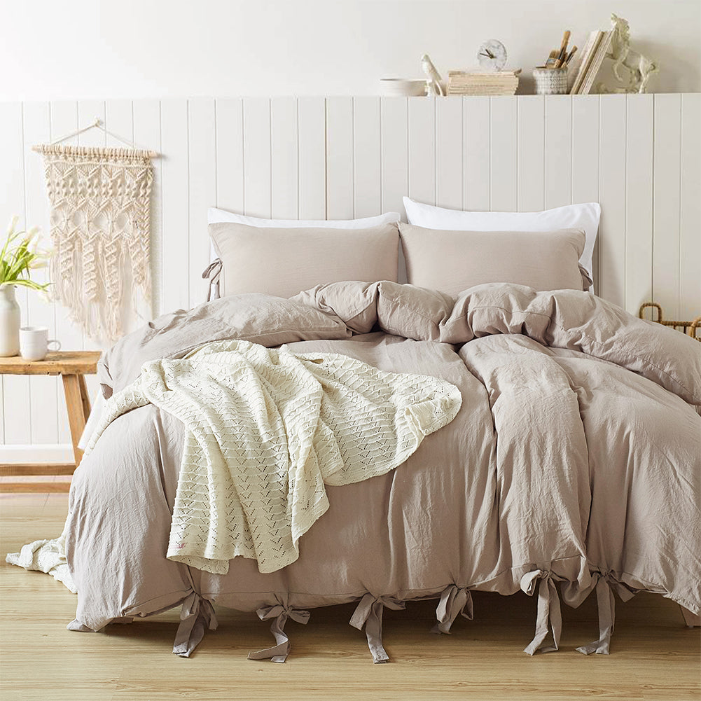 Unique Lace Up Design Thickened Washed Cotton Queen Bed King Size Bedding Sets Duvet Cover with Pillowcases No Sheets