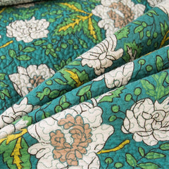 Double Bed Cotton Green White Flowers 3pcs Printed Quilted Quilt Pillowcase Free Shipping