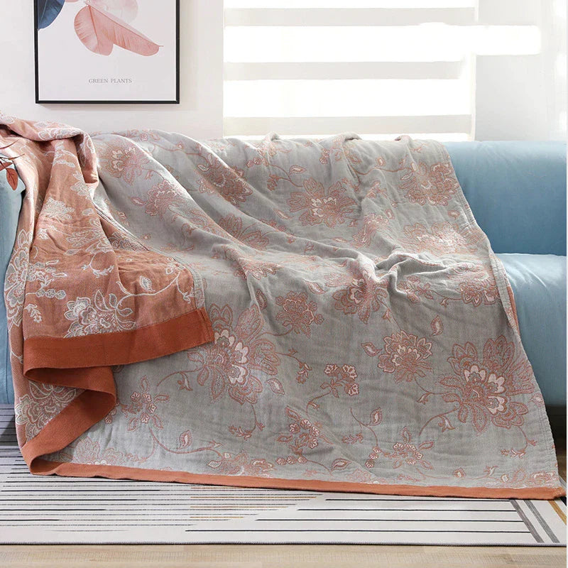 Textile City Cotton 5 Layer Gauze Towel Quilt Flower Pattern Quality Blanket Summer Nap Blanket for Couples 200cmx230cm