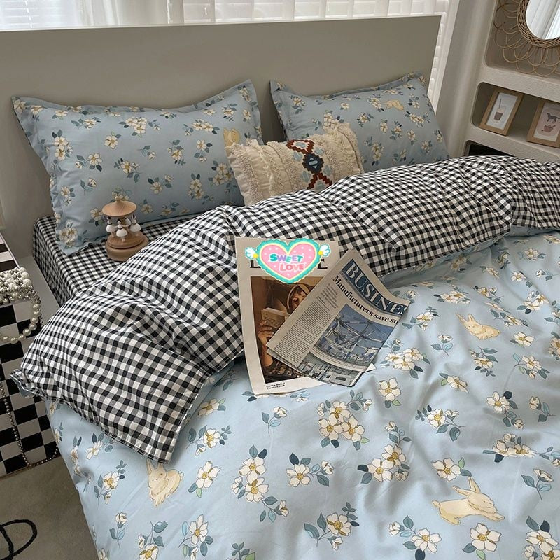 Fashion Bedding Set White Green Double Bed Linens Nordic Duvet Cover Pillowcase Queen Size Flat Sheet Classic Grid Kids Winter
