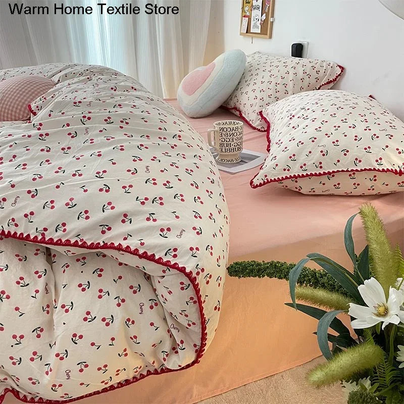 Ins Pink Flowers Bedding Set Flat Bed Sheet Duvet Cover Twin Full Queen Nordic Bed Linen Boy Girl Bedding Sets Flower Cherry