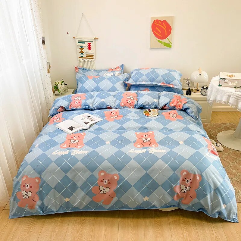  Floral Printed Duvet Cover Set with Sheet Pillowcases Warm Cute Cartoon Bed Linen Full Queen Size Home Gift Bedding Set